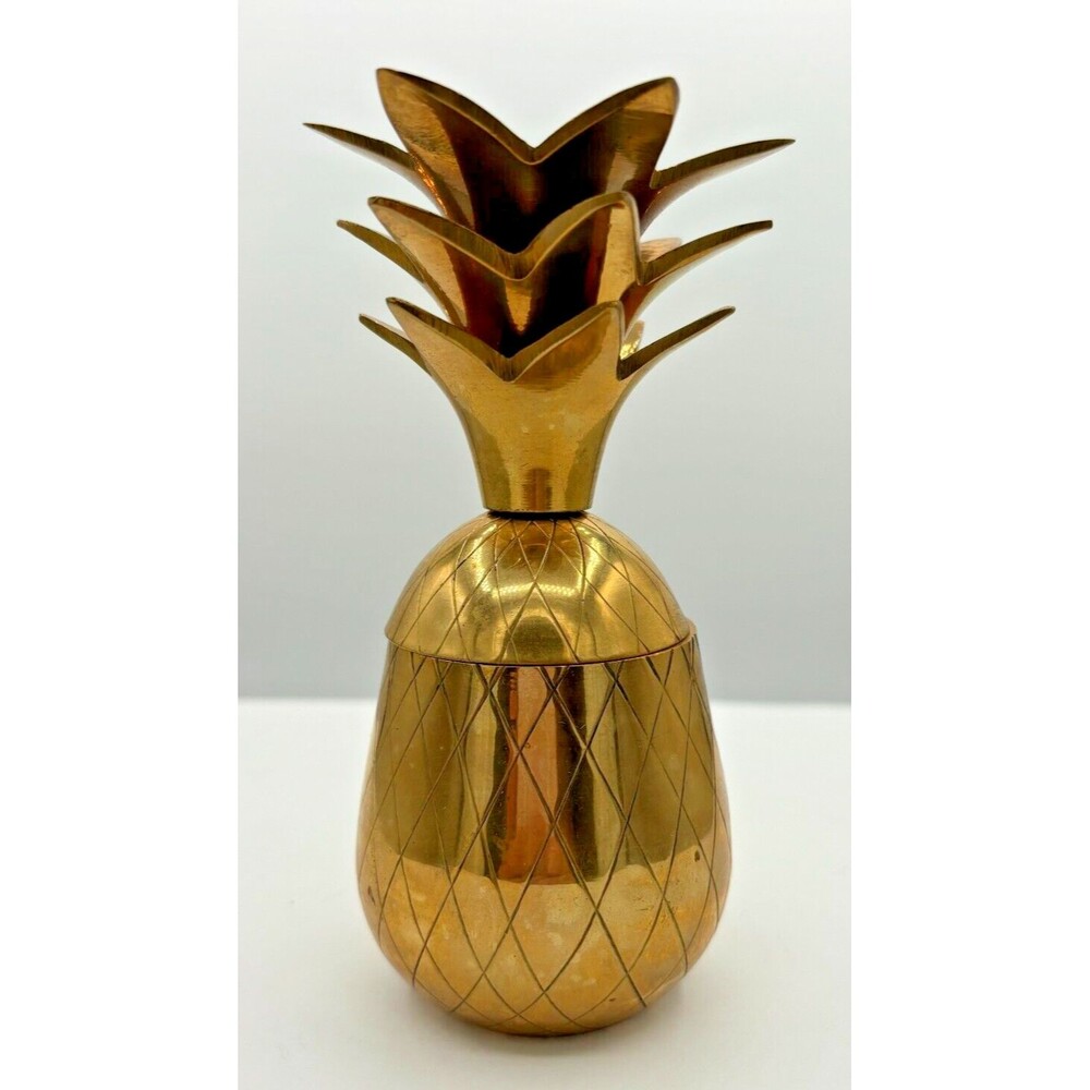 Vintage Solid Brass Pineapple Lidded Trinket‎ Jar & Candle Holder 5" Tall